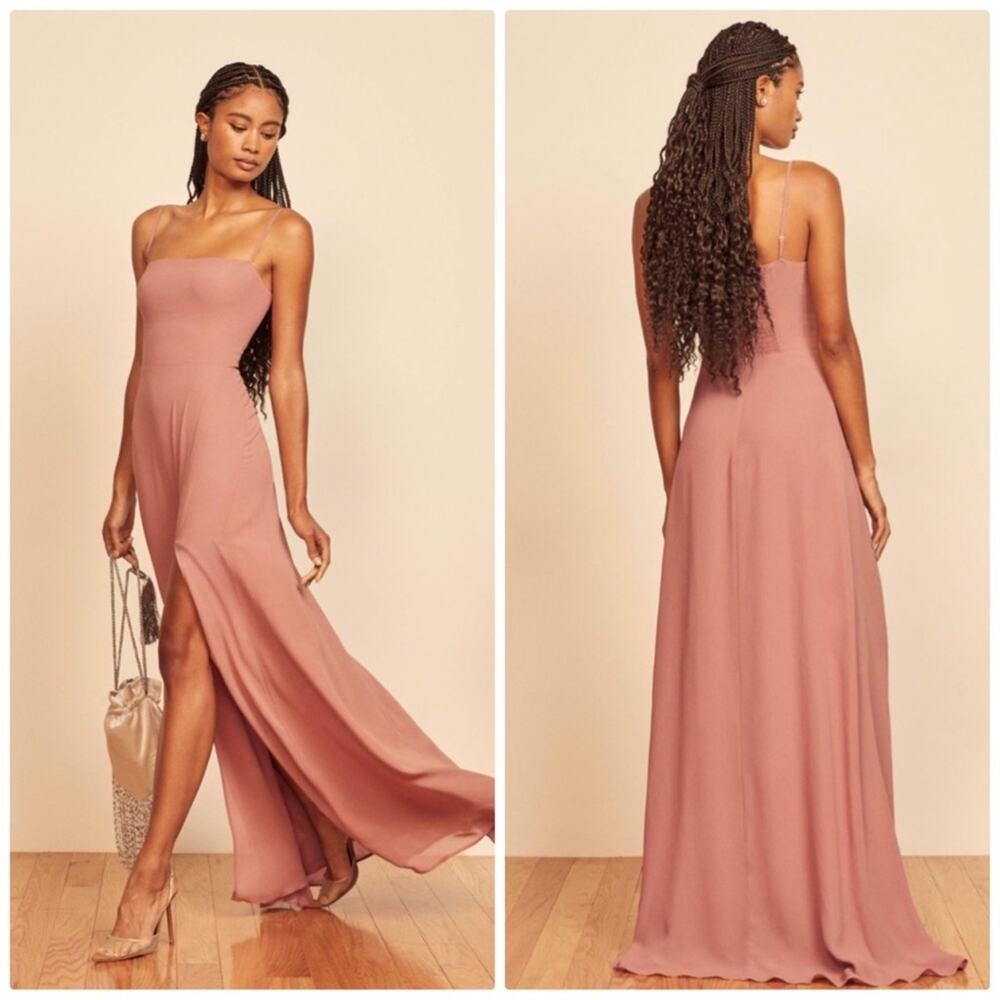 Reformation Women's Indrid Side Slit Fitted bodice Dress in Praline Pink Size 10